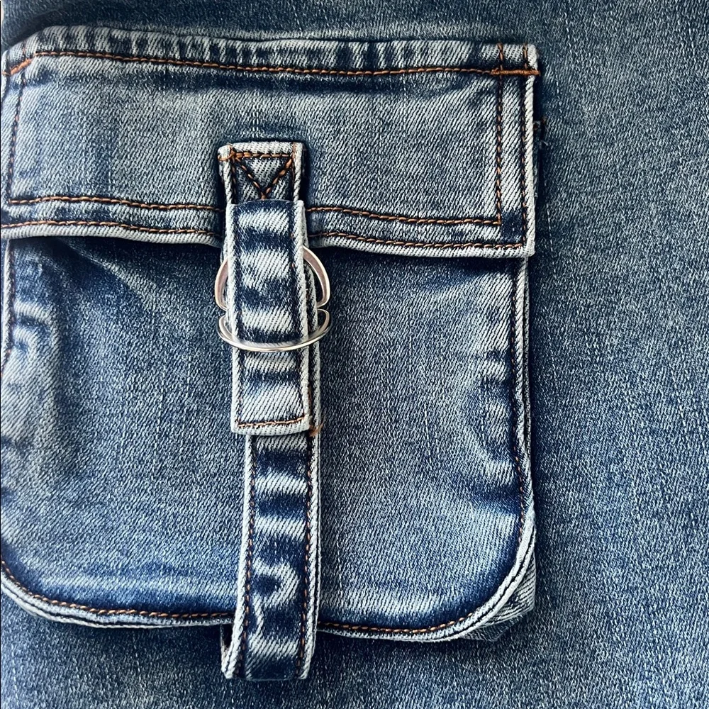 RTA Denim Faux Wrap Mini Skirt Cargo Pocket Frayed Hem Blue Size Small NWT